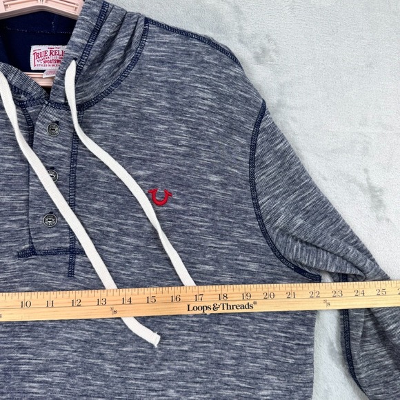 True Religion Hooded Henley Sweatshirt Men's XL Blue Long Sleeve Pullover Logo - Picture 12 of 13